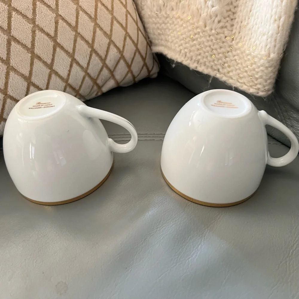 WILLIAMS SONOMA Brasserie JAPAN Gold Band PORCELAIN Tea Coffee Cups SET of 2